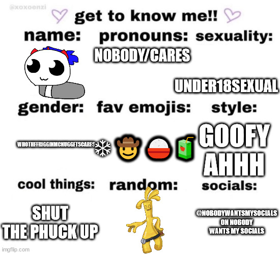 get to know me | UNDER18SEXUAL; NOBODY/CARES; WHOTHEFRIGGINMCNUGGETSCARES; ❄🤠🍚🧃; GOOFY AHHH; SHUT THE PHUCK UP; @NOBODYWANTSMYSOCIALS ON NOBODY WANTS MY SOCIALS | image tagged in get to know me | made w/ Imgflip meme maker