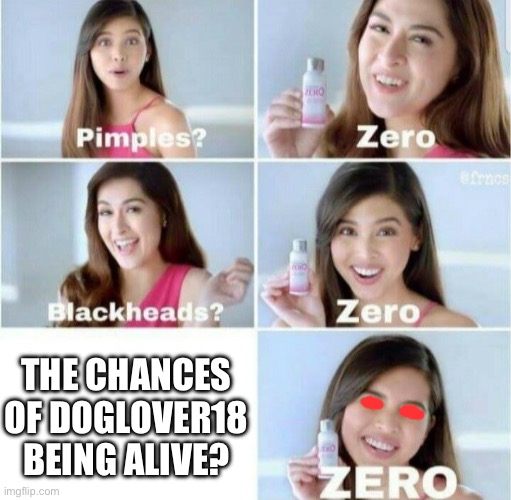 Pimples, Zero! | THE CHANCES OF DOGLOVER18 BEING ALIVE? | image tagged in pimples zero | made w/ Imgflip meme maker