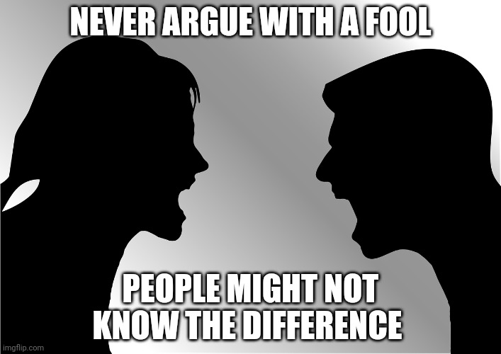 Argue | NEVER ARGUE WITH A FOOL; PEOPLE MIGHT NOT KNOW THE DIFFERENCE | image tagged in fool | made w/ Imgflip meme maker
