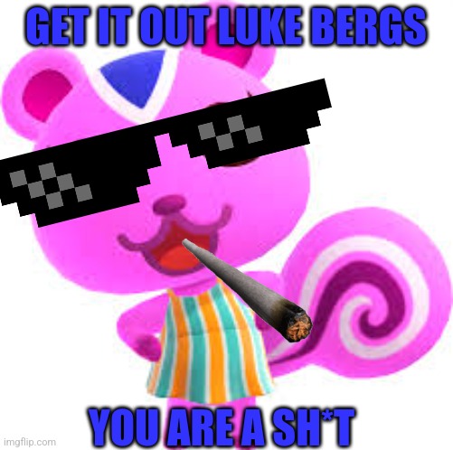 Get it out luke bergs | GET IT OUT LUKE BERGS; YOU ARE A SH*T | image tagged in happy peanut animal crossing,animal crossing | made w/ Imgflip meme maker
