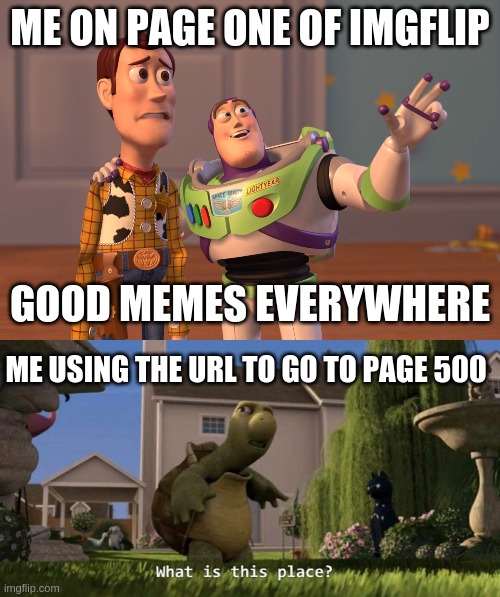 try it its | ME ON PAGE ONE OF IMGFLIP; GOOD MEMES EVERYWHERE; ME USING THE URL TO GO TO PAGE 500 | image tagged in memes,x x everywhere,what is this place | made w/ Imgflip meme maker