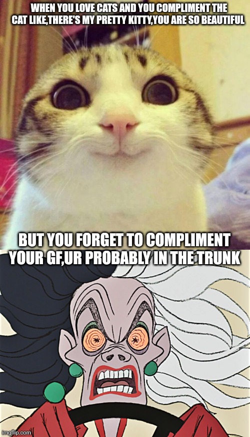 WHEN YOU LOVE CATS AND YOU COMPLIMENT THE CAT LIKE,THERE'S MY PRETTY KITTY,YOU ARE SO BEAUTIFUL; BUT YOU FORGET TO COMPLIMENT YOUR GF,UR PROBABLY IN THE TRUNK | image tagged in memes,smiling cat,cruella deville | made w/ Imgflip meme maker