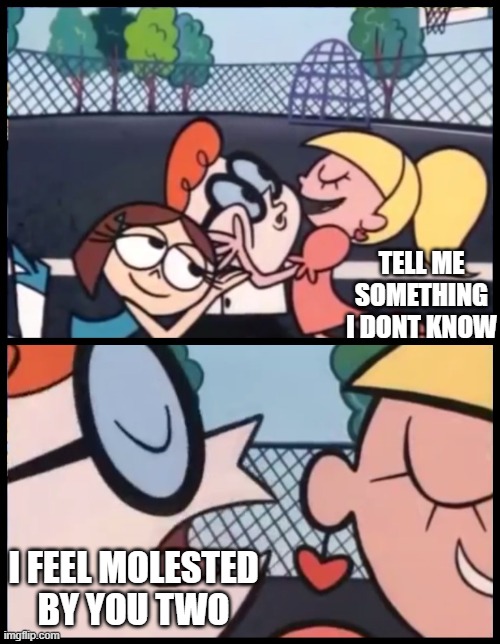 lul | TELL ME SOMETHING I DONT KNOW; I FEEL MOLESTED BY YOU TWO | image tagged in memes,say it again dexter | made w/ Imgflip meme maker