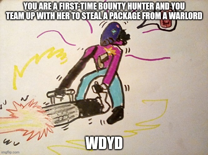 This is my first one on imgflip | YOU ARE A FIRST-TIME BOUNTY HUNTER AND YOU TEAM UP WITH HER TO STEAL A PACKAGE FROM A WARLORD; WDYD | image tagged in roleplaying | made w/ Imgflip meme maker