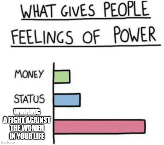 powerrr! | WINNING A FIGHT AGAINST THE WOMEN IN YOUR LIFE | image tagged in what gives people feelings of power | made w/ Imgflip meme maker