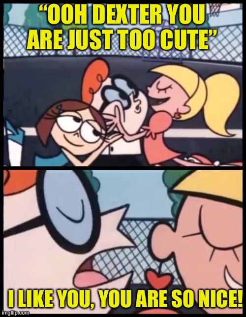 Say it Again, Dexter | “OOH DEXTER YOU ARE JUST TOO CUTE”; I LIKE YOU, YOU ARE SO NICE! | image tagged in memes,say it again dexter | made w/ Imgflip meme maker