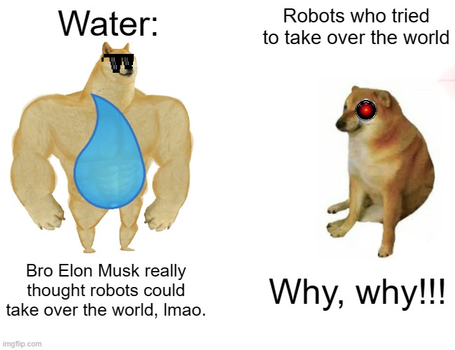 Robots couldn't take over the world @ElonMusk | Water:; Robots who tried to take over the world; Bro Elon Musk really thought robots could take over the world, lmao. Why, why!!! | image tagged in memes,buff doge vs cheems | made w/ Imgflip meme maker