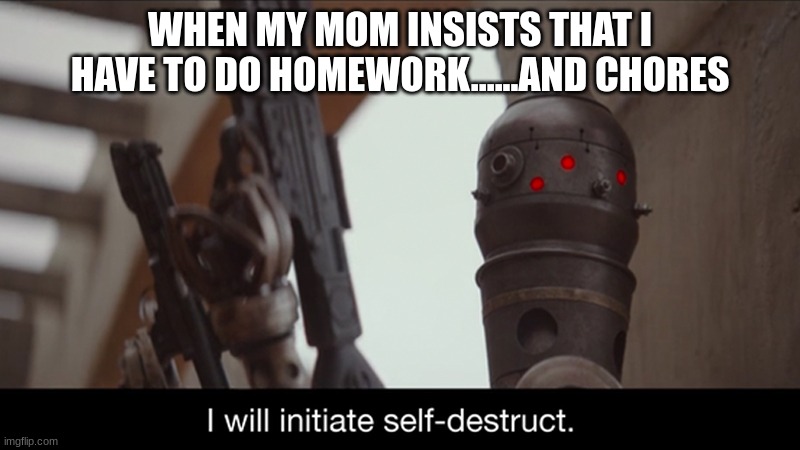 This is what happens if I tell her I'm bored | WHEN MY MOM INSISTS THAT I HAVE TO DO HOMEWORK......AND CHORES | image tagged in i will initiate self-destruct | made w/ Imgflip meme maker