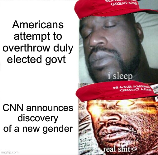 Sleeping Shaq | Americans attempt to overthrow duly elected govt; CNN announces discovery of a new gender | image tagged in memes,sleeping shaq | made w/ Imgflip meme maker