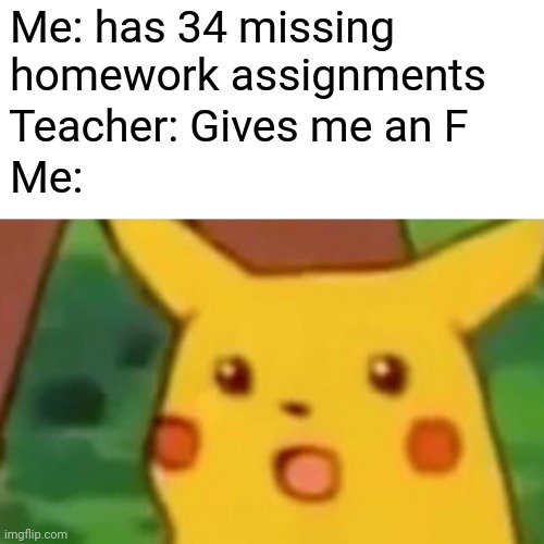 Surprised Pikachu Meme | Me: has 34 missing homework assignments; Teacher: Gives me an F; Me: | image tagged in memes,surprised pikachu | made w/ Imgflip meme maker