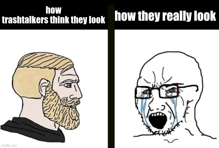 like bro stfu its a game for gods sake | how trashtalkers think they look; how they really look | image tagged in trashtalker,ger,get real | made w/ Imgflip meme maker