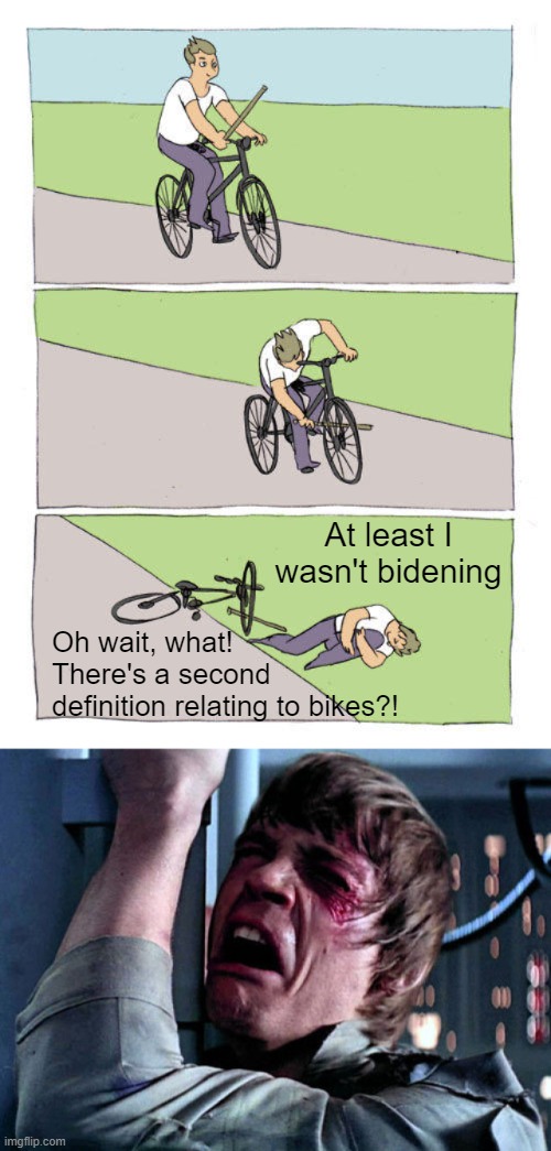 Oh wait, what! 
There's a second
definition relating to bikes?! At least I wasn't bidening | image tagged in memes,bike fall,nooo | made w/ Imgflip meme maker
