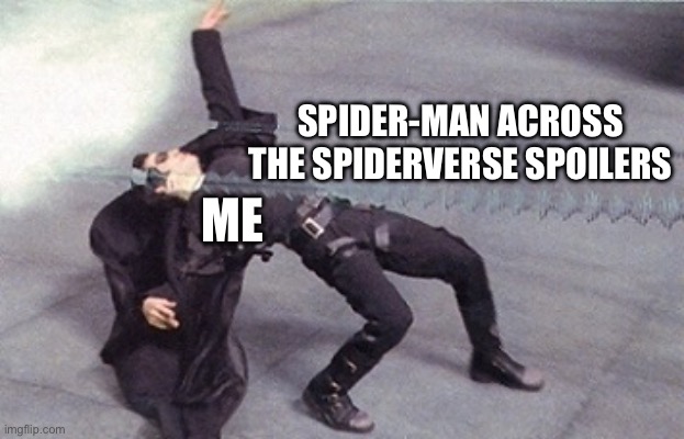 neo dodging a bullet matrix | SPIDER-MAN ACROSS THE SPIDERVERSE SPOILERS; ME | image tagged in neo dodging a bullet matrix,memes | made w/ Imgflip meme maker