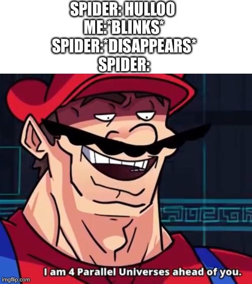 I Am 4 Parallel Universes Ahead Of You | SPIDER: HULLOO 
ME:*BLINKS*
SPIDER:*DISAPPEARS*
SPIDER: | image tagged in i am 4 parallel universes ahead of you | made w/ Imgflip meme maker