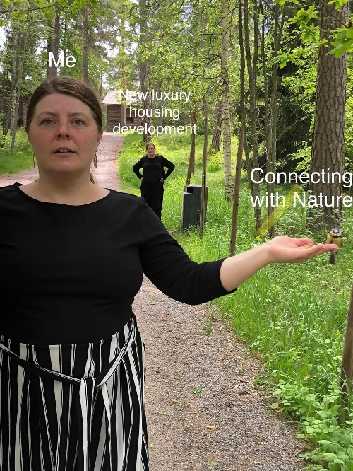 Nature lover with housing developer looming in background | image tagged in developers crapping on nature | made w/ Imgflip meme maker