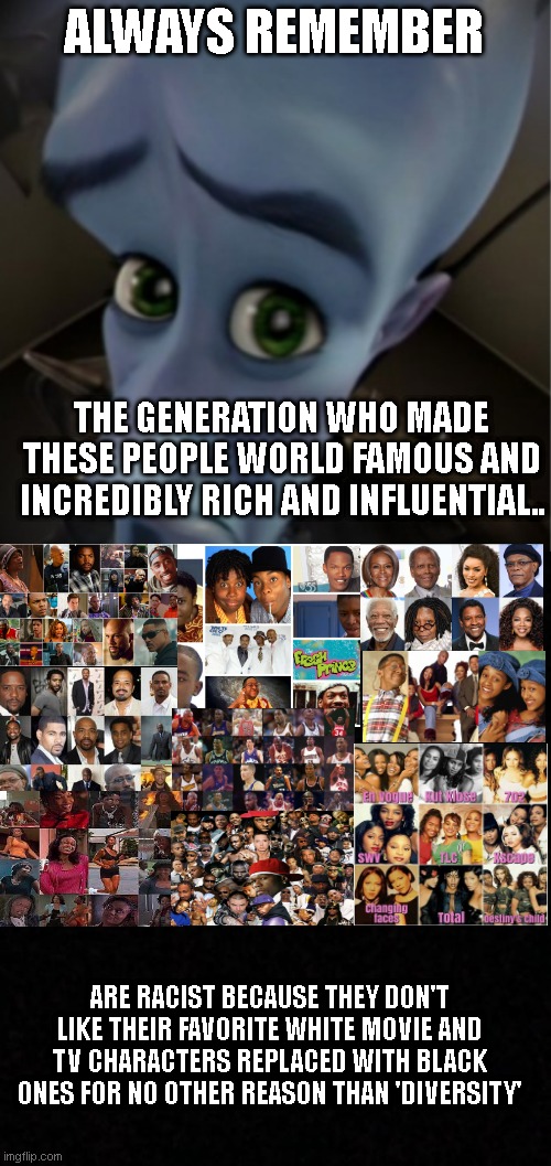 ALWAYS REMEMBER; THE GENERATION WHO MADE THESE PEOPLE WORLD FAMOUS AND INCREDIBLY RICH AND INFLUENTIAL.. ARE RACIST BECAUSE THEY DON'T LIKE THEIR FAVORITE WHITE MOVIE AND TV CHARACTERS REPLACED WITH BLACK ONES FOR NO OTHER REASON THAN 'DIVERSITY' | image tagged in megamind peeking,blank | made w/ Imgflip meme maker