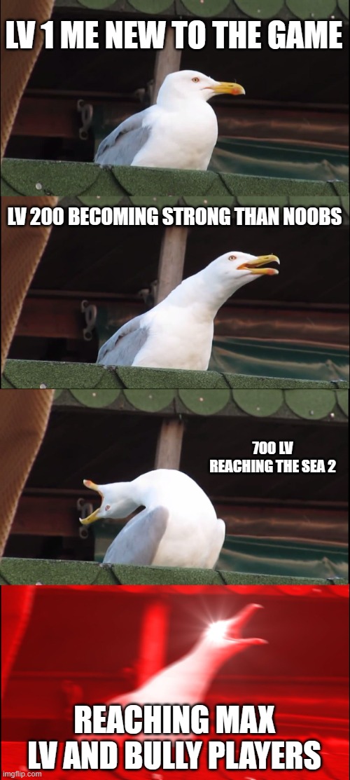 Inhaling Seagull Meme | LV 1 ME NEW TO THE GAME; LV 200 BECOMING STRONG THAN NOOBS; 700 LV REACHING THE SEA 2; REACHING MAX LV AND BULLY PLAYERS | image tagged in memes,inhaling seagull | made w/ Imgflip meme maker