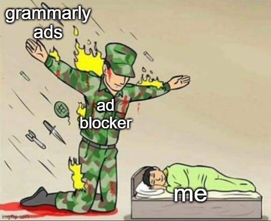 such a great deed ? | grammarly ads; ad blocker; me | image tagged in soldier protecting sleeping child,grammarly,ads | made w/ Imgflip meme maker