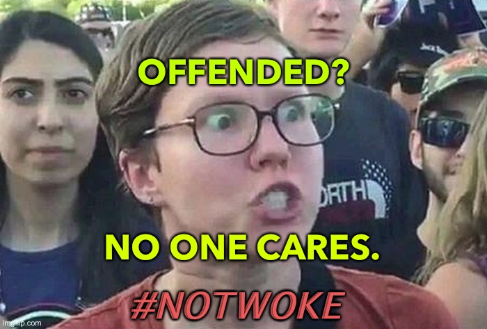 Offended? | OFFENDED? NO ONE CARES. #NOTWOKE | image tagged in triggered liberal | made w/ Imgflip meme maker