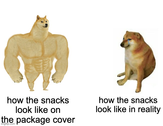 scam | how the snacks look like on the package cover; how the snacks look like in reality | image tagged in memes,buff doge vs cheems | made w/ Imgflip meme maker