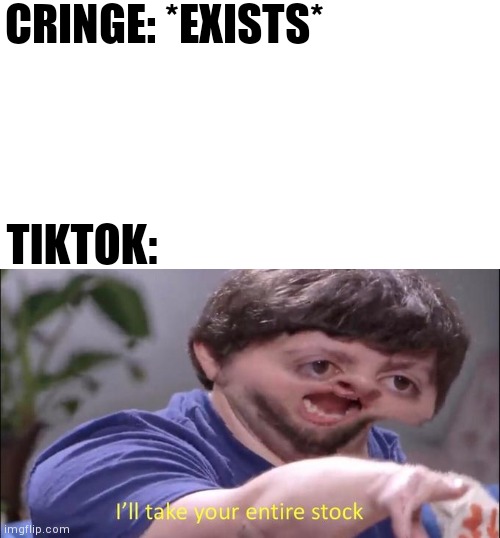 Ban this $h!t | CRINGE: *EXISTS*; TIKTOK: | image tagged in i'll take your entire stock,tiktok,cringe | made w/ Imgflip meme maker