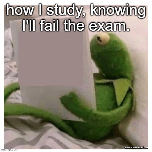 so true. | how I study, knowing I'll fail the exam. | image tagged in kermit reading book | made w/ Imgflip meme maker