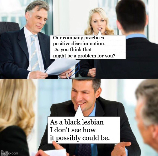 Positive Discrimination | Our company practices positive discrimination. Do you think that might be a problem for you? As a black lesbian I don't see how it possibly could be. | image tagged in job interview | made w/ Imgflip meme maker