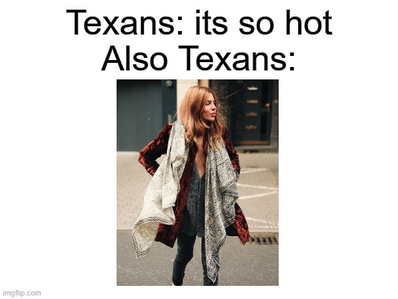 its so annoying | Texans: its so hot
Also Texans: | image tagged in blank white template | made w/ Imgflip meme maker
