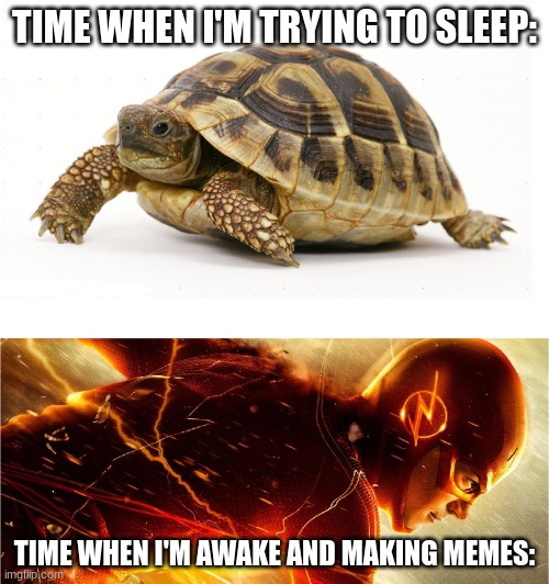 this is why I never get enough sleep | TIME WHEN I'M TRYING TO SLEEP:; TIME WHEN I'M AWAKE AND MAKING MEMES: | image tagged in slow vs fast meme,memes,so true memes,funny | made w/ Imgflip meme maker