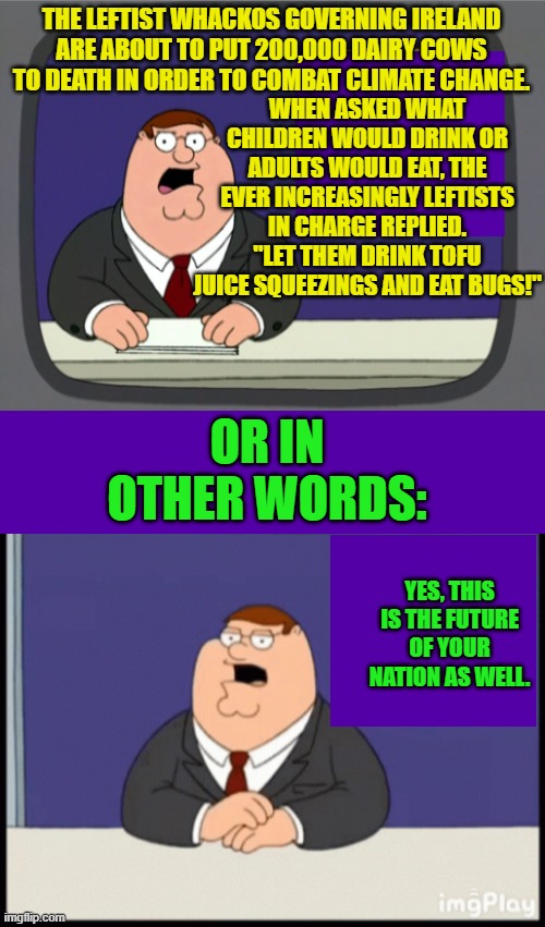 This is YOUR nation on leftism. | THE LEFTIST WHACKOS GOVERNING IRELAND ARE ABOUT TO PUT 200,000 DAIRY COWS TO DEATH IN ORDER TO COMBAT CLIMATE CHANGE. WHEN ASKED WHAT CHILDREN WOULD DRINK OR ADULTS WOULD EAT, THE EVER INCREASINGLY LEFTISTS IN CHARGE REPLIED. "LET THEM DRINK TOFU JUICE SQUEEZINGS AND EAT BUGS!"; OR IN OTHER WORDS:; YES, THIS IS THE FUTURE OF YOUR NATION AS WELL. | image tagged in peter griffin news | made w/ Imgflip meme maker