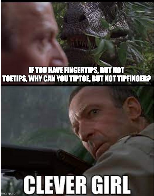 Clever Girl | IF YOU HAVE FINGERTIPS, BUT NOT TOETIPS, WHY CAN YOU TIPTOE, BUT NOT TIPFINGER? | image tagged in clever girl | made w/ Imgflip meme maker