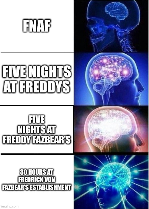 30 Hours At Fredrick Von Fazbear's Establishment | FNAF; FIVE NIGHTS AT FREDDYS; FIVE NIGHTS AT FREDDY FAZBEAR’S; 30 HOURS AT FREDRICK VON FAZBEAR'S ESTABLISHMENT | image tagged in memes,expanding brain,fnaf | made w/ Imgflip meme maker