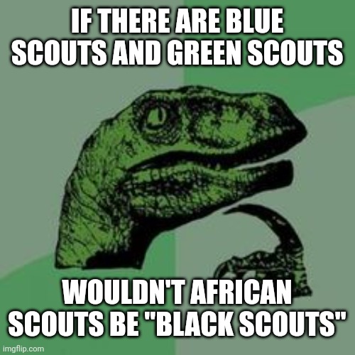 Posting here because I don't have enough points to post it in Dark_Humour | IF THERE ARE BLUE SCOUTS AND GREEN SCOUTS; WOULDN'T AFRICAN SCOUTS BE "BLACK SCOUTS" | image tagged in time raptor | made w/ Imgflip meme maker