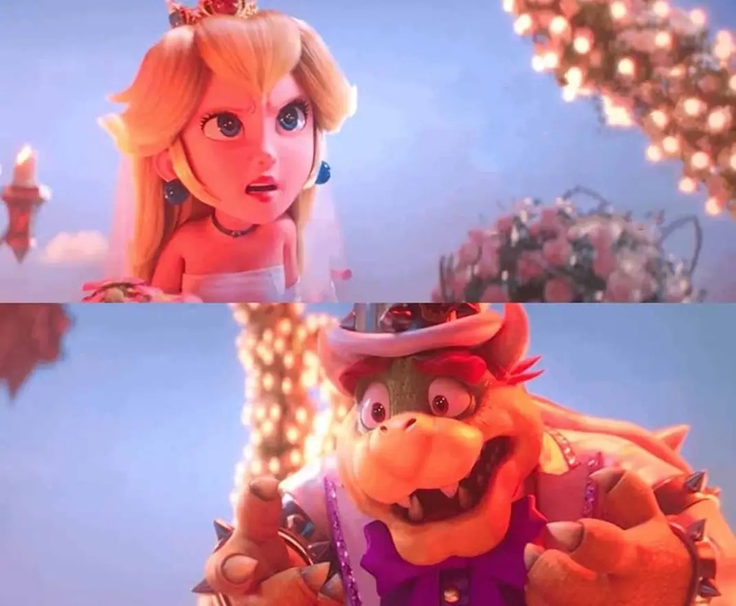 High Quality Bowser and peach Mario movie wedding scene Blank Meme Template