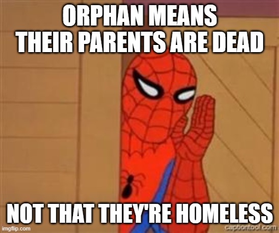 psst spiderman | ORPHAN MEANS THEIR PARENTS ARE DEAD NOT THAT THEY'RE HOMELESS | image tagged in psst spiderman | made w/ Imgflip meme maker