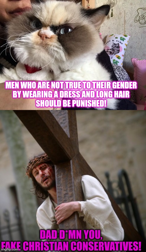 This #lolcat wonders if a real man could wear long hair and a dress | MEN WHO ARE NOT TRUE TO THEIR GENDER
BY WEARING A DRESS AND LONG HAIR
SHOULD BE PUNISHED! DAD D*MN YOU,
FAKE CHRISTIAN CONSERVATIVES! | image tagged in jesus christ,conservative hypocrisy,christianity,think about it,lolcat | made w/ Imgflip meme maker