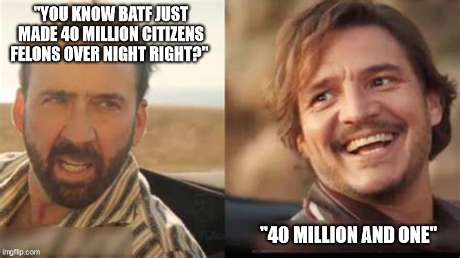 Are you "braced" for the impact? | "YOU KNOW BATF JUST MADE 40 MILLION CITIZENS FELONS OVER NIGHT RIGHT?"; "40 MILLION AND ONE" | image tagged in nic cage and pedro pascal,illegay laws,2nd amendment | made w/ Imgflip meme maker