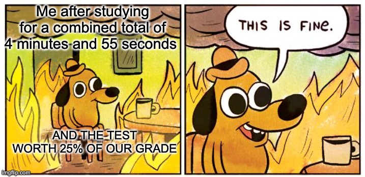 This Is Fine Meme | Me after studying for a combined total of 4 minutes and 55 seconds; AND THE TEST WORTH 25% OF OUR GRADE | image tagged in memes,this is fine | made w/ Imgflip meme maker