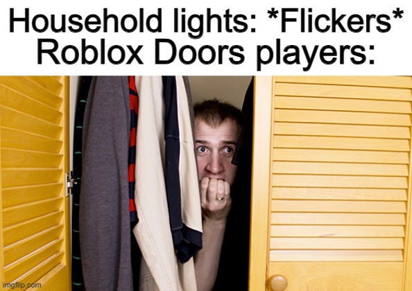 *Hides in closet* | Household lights: *Flickers*; Roblox Doors players: | image tagged in in the closet hiding fear paranoid | made w/ Imgflip meme maker