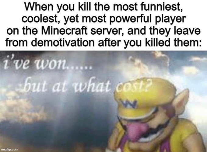 I've witnessed this so many times T-T | When you kill the most funniest, coolest, yet most powerful player on the Minecraft server, and they leave from demotivation after you killed them: | image tagged in ive won but at what cost | made w/ Imgflip meme maker