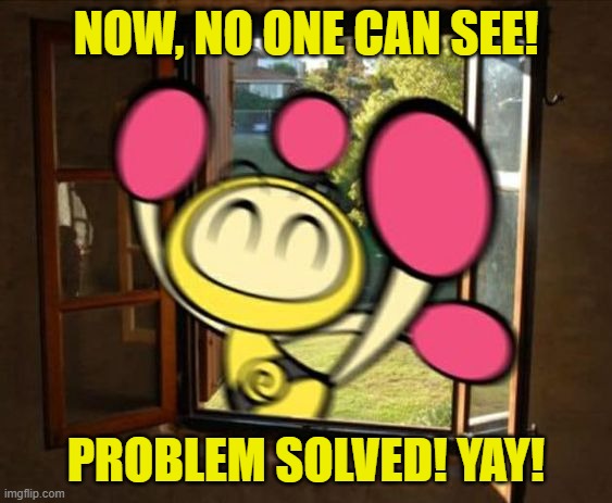 Yellow Bomber has break in your house | NOW, NO ONE CAN SEE! PROBLEM SOLVED! YAY! | image tagged in yellow bomber has break in your house | made w/ Imgflip meme maker