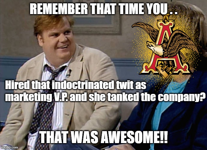Anheuser-Busch Tanking | REMEMBER THAT TIME YOU . . Hired that indoctrinated twit as marketing V.P. and she tanked the company? THAT WAS AWESOME!! | image tagged in remember that time,chris farley,bud light,woke | made w/ Imgflip meme maker