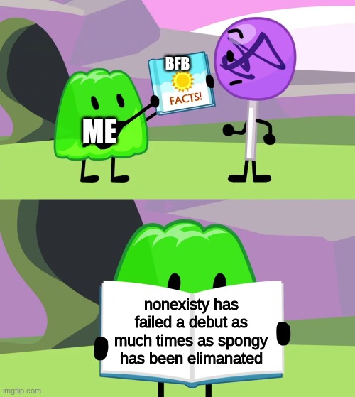 facts | BFB; ME; nonexisty has failed a debut as much times as spongy has been elimanated | image tagged in gelatin's book of facts | made w/ Imgflip meme maker