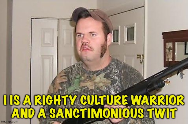 Redneck Wonder | I IS A RIGHTY CULTURE WARRIOR
AND A SANCTIMONIOUS TWIT | image tagged in redneck wonder | made w/ Imgflip meme maker