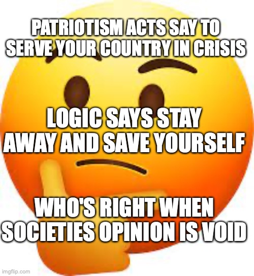 civil rights meme #2 | PATRIOTISM ACTS SAY TO SERVE YOUR COUNTRY IN CRISIS; LOGIC SAYS STAY AWAY AND SAVE YOURSELF; WHO'S RIGHT WHEN SOCIETIES OPINION IS VOID | image tagged in funny,positive thinking | made w/ Imgflip meme maker