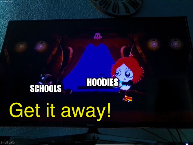 Scared Crow | HOODIES; SCHOOLS; Get it away! | image tagged in scared crow | made w/ Imgflip meme maker