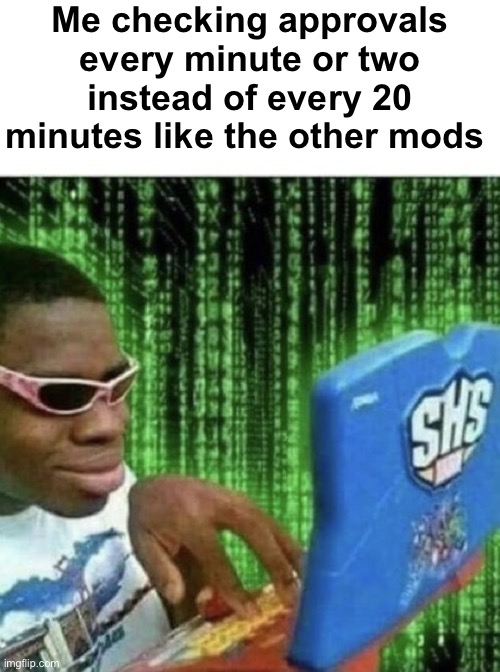 Black guy on computer | Me checking approvals every minute or two instead of every 20 minutes like the other mods | image tagged in black guy on computer | made w/ Imgflip meme maker