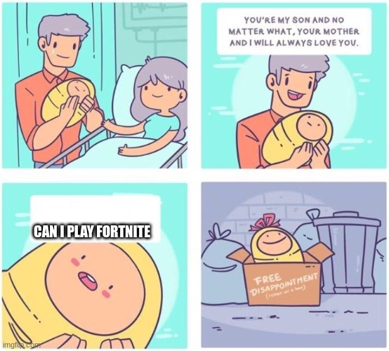 free disappointment | CAN I PLAY FORTNITE | image tagged in free disappointment | made w/ Imgflip meme maker