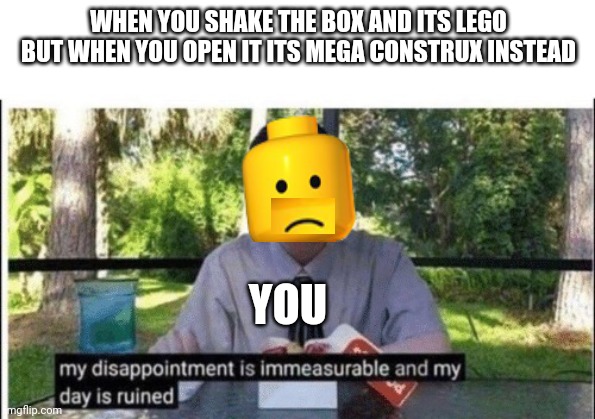 My dissapointment is immeasurable and my day is ruined | WHEN YOU SHAKE THE BOX AND ITS LEGO BUT WHEN YOU OPEN IT ITS MEGA CONSTRUX INSTEAD; YOU | image tagged in my dissapointment is immeasurable and my day is ruined,lego,dissapointed | made w/ Imgflip meme maker