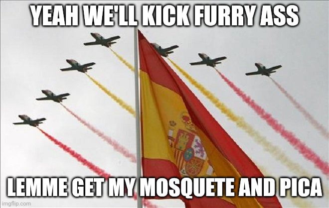 Viva España | YEAH WE'LL KICK FURRY ASS LEMME GET MY MOSQUETE AND PICA | image tagged in viva espa a | made w/ Imgflip meme maker